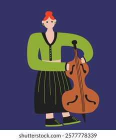 Girl plays the double bass. Cartoon kids style