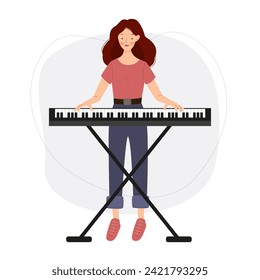 La niña toca el piano electrónico. Música femenina con sintetizador. Ilustración plana vectorial.