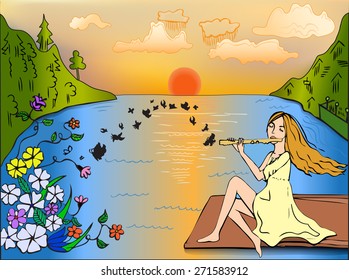 Girl plays the flute among the flower at the lake