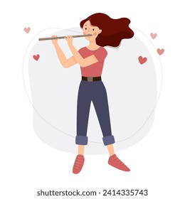 The girl plays the flute. A woman musician stands with a flute. Vector flat illustration.