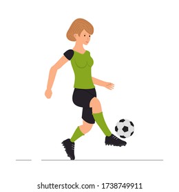 Girl plays football, soccer player, woman kicks a soccer ball vector illustration in cartoon style