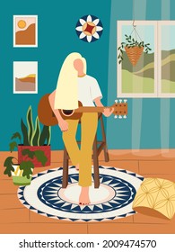 The girl plays the guitar at home. Boho style interior, female character, flowers, pillows. Template for a postcard, banner, poster, invitation. Vector flat illustration.