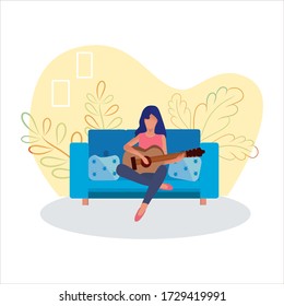 A girl plays the guitar at home, sits on the sofa. The concept of home recreation and entertainment. Fun, learning to play the guitar. Cartoon style
