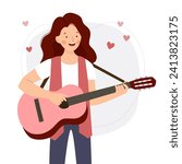 The girl plays the guitar and sings about love. A woman musician stands with a guitar. Valentine's Day. Vector flat illustration.