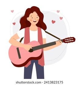 La chica toca la guitarra y canta sobre el amor. Música femenina con guitarra. Día de San Valentín. Ilustración plana vectorial.