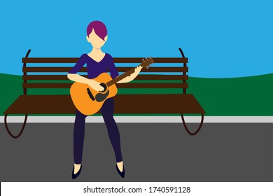 The girl plays the guitar. Vector graphics. Flat design.