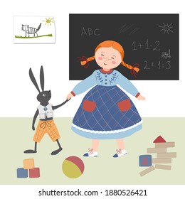 The girl plays with a hare to school in the playroom. Girl and her toy in hand drawn style.