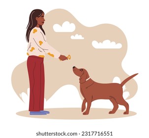 Girl plays with her dog with a brushing toy. Maintaining healthy dog teeth and gums. Dog dental health. Canine dental care and hygiene concept. Vector illustration