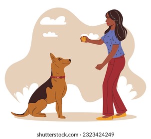 Girl plays with her dog with a brushing toy. Raising awareness of oral hygiene for dogs. Dog dental health. Canine dental care and hygiene concept. Vector illustration