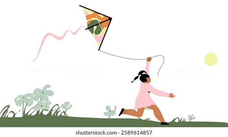 A girl plays with a kite and launches it into the sky. Child with a toy outdoors. Vector flat illustration.