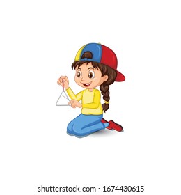 The girl plays on a triangle.