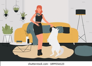 Girl plays with pet dog at home vector illustration. Cartoon young pet owner playing with own doggy in home living room interior, domestic animal standing on hind legs, training and love for animal