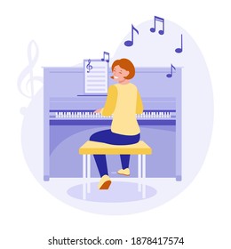 The girl plays the piano. Vector concept of playing musical instruments. Illustration in flat style.