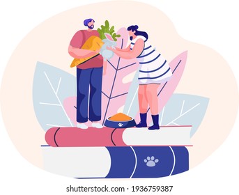 Girl plays with rabbit. Man holding carrot for animal. Guy is feeding little hare. Pet ownership
