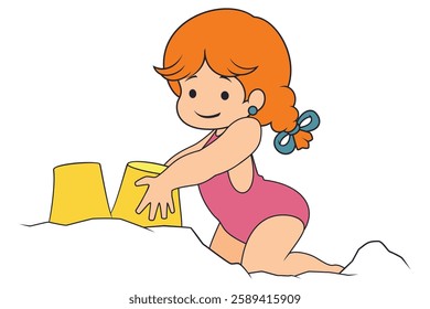 Girl plays with sand on beach. Funny people. Illustration concept template for website, web landing page, banner, presentation, social, poster, promotion or print media.
