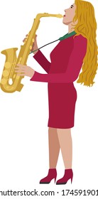 The girl plays the saxophone. Illustration for online concerts and advertising of street concerts, bards.