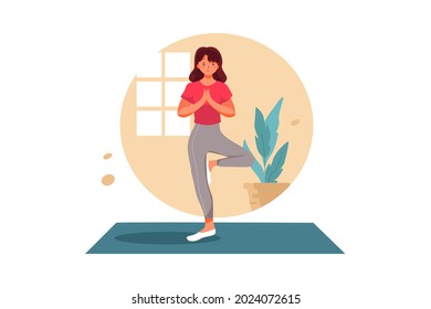 Girl plays sports. Yoga pose standing on one leg Illustration concept. Flat illustration isolated on white background.