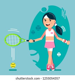 The girl plays tennis. Racket hit the ball, vector illustration in flat style.