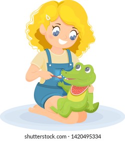 The girl plays with a toy. The girl feeds the crocodile. Vector illustration.