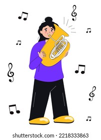 The girl plays the tuba. Vector stock illustration. White background. isolated. Character. Flat style. Musician. Notes around.