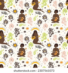 The girl plays the ukulele among the flowers. Seamless pattern. Vector illustration