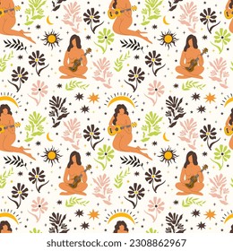 The girl plays the ukulele among the flowers. Seamless pattern. Vector illustration