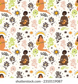 The girl plays the ukulele among the flowers. Seamless pattern. Vector illustration