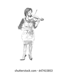 The girl plays the violin by hand. Music, art, beauty. Vector illustration