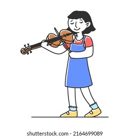 Girl plays the violin. Cute children at school music festival flat vector illustration. Cartoon young musicians playing musical instruments and singer singing on party