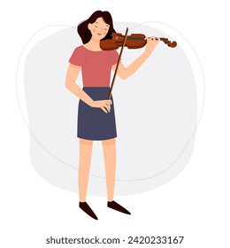 The girl plays the violin. A woman musician stands with a violin. Vector flat illustartion