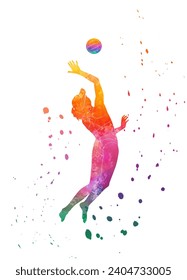 A girl plays volleyball on the beach. Vector illustration. Sketch for creativity.