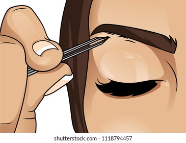 Girl Plucking Brows Hair. Metal Tweezers For Eyebrows.