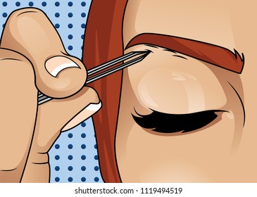 Girl Plucking Brows Hair. Metal Forceps For Eyebrows.