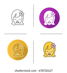 Girl with plumeria flower icon. Flat design, linear and color styles. Aromatherapy. Isolated vector illustrations