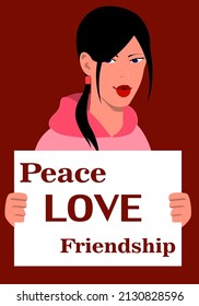 A girl with plump lips holds a sign with the inscription "peace, love, friendship" in her hands. Rally. Protest. Vector flat illustration.