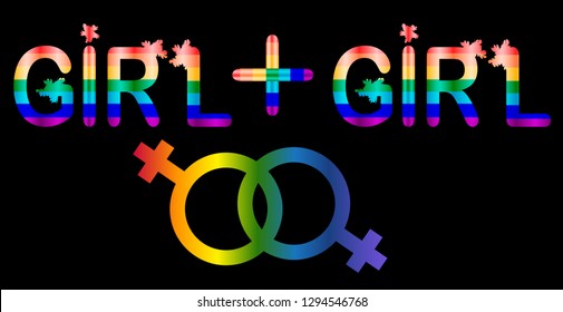 Girl plus girl - inscription in rainbow letters, lgtb concept