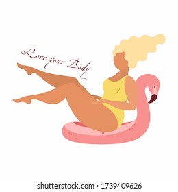 Girl plus size on an inflatable Flamingo circle with the inscription love your body. Vector illustration