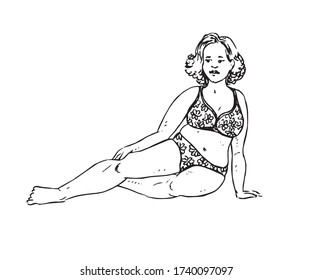 Niña más tamaño sentada en bikini, doodle dibujado a mano, dibujando en forma de gravidez, ilustración de sketch