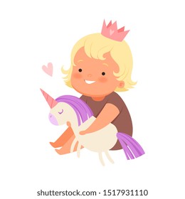 Girl with a plush unicorn. Vector illustration on a white background.