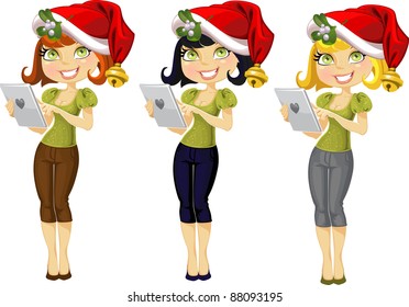 Girl with a pocket computer in a Christmas hat and mistletoe - three color options