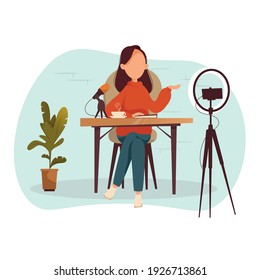 Girl podcaster or blogger talking to microphone recording podcast and create content in studio podcasting. Vector flat illustration