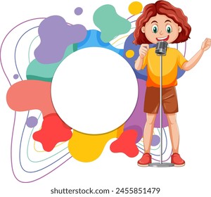 Girl podcasting with vibrant abstract shapes behind.