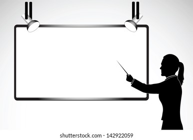 girl with a pointer to the banner