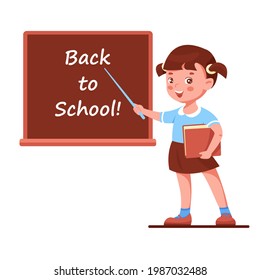 A girl with a pointer at the blackboard. Back to school concept. Vector illustration in cartoon style. Isolated on a white background.