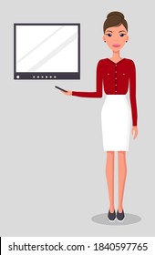 Girl with a pointer in her hand giving a presentation on the screen. Business woman wearing a red blouse presents a report. Pretty young slim woman in business clothes. The teacher leads the lesson