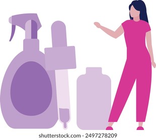 A girl is pointing to different beauty lotions.
