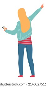 Girl pointing direction with finger. Woman back view