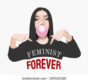 girl pointing at feminist forever shirt illustration