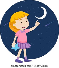 A girl pointing finger to the moon illustration