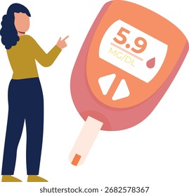 A girl is pointing at a glucometer, checking blood sugar levels